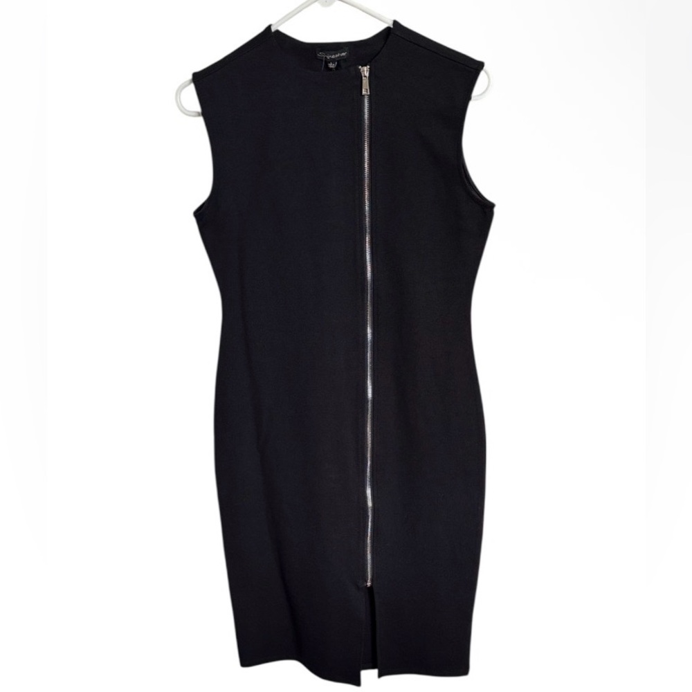 SHINESTAR Sleeveless Black Zipper Style Midi Bodycon Fitted Dress Large NEW